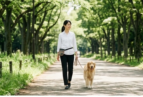 緑の並木道を歩くお散歩代行の様子